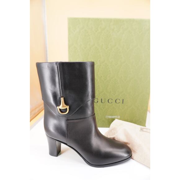 Gucci Miranda Half Horsebit Pointed Toe Bootie SZ 38.5 NIB Logo $1490 Black - Picture 1 of 12